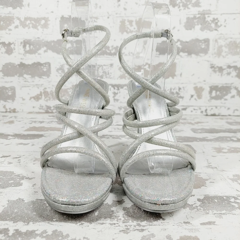Nine West Loo May Strappy Stiletto In Silver Evening Buckle Strap Sandals O296